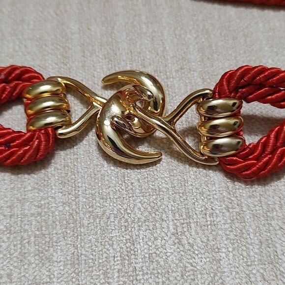 Red Braided Rope Belt with Gold Hook Closure - Picture 2 of 8